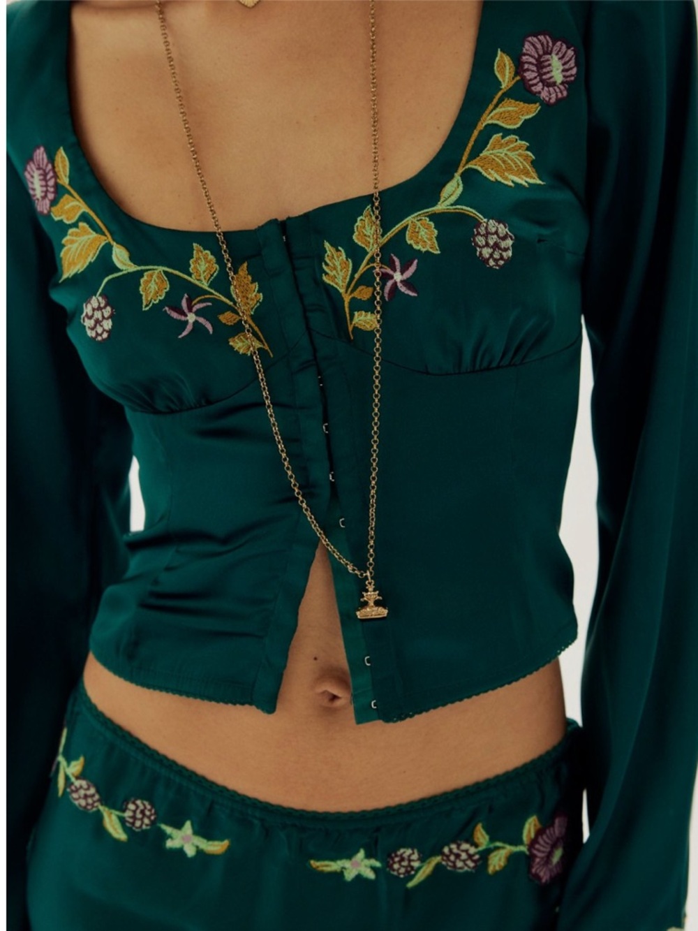 Free People Autumn Bloom Midi Skirt Set in Forest Green Floral Embroidery NEW - Picture 5 of 8